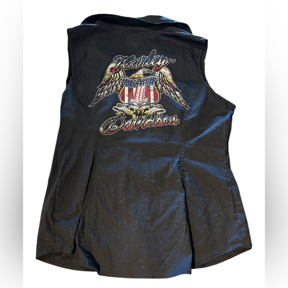 Harley Davidson Rhinestone Sleeveless Eagle American Flag Blouse Size Large